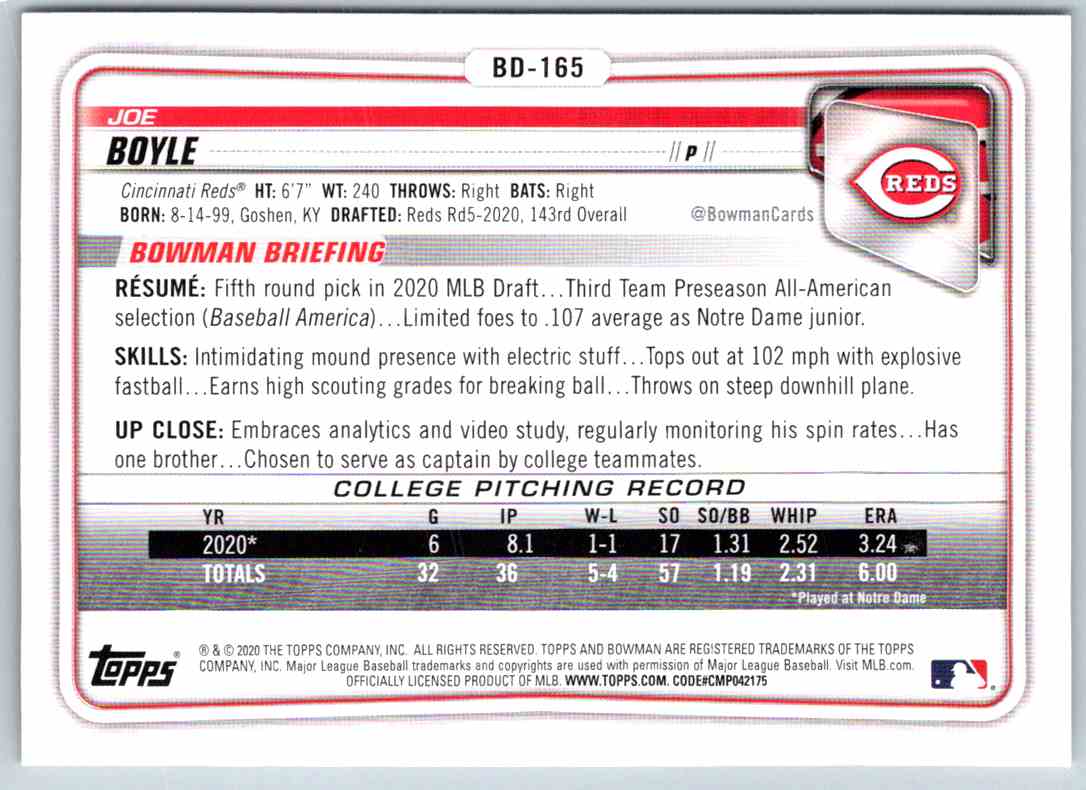 2020 Bowman Draft Joe Boyle #BD-165 card back image