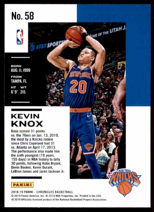 2018-19 Panini Chronicles Kevin Knox RC #58 card back image