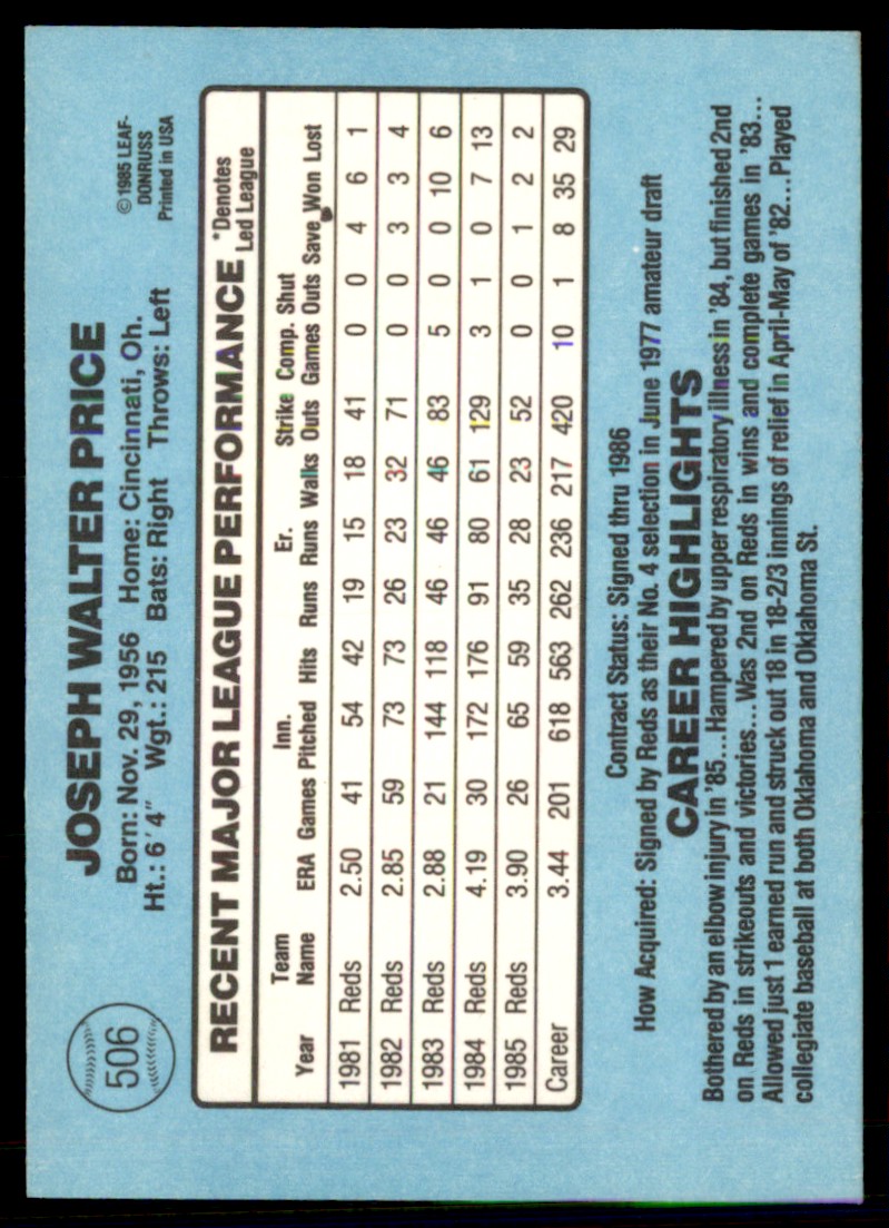 1984 Donruss Joe Price #506 card back image
