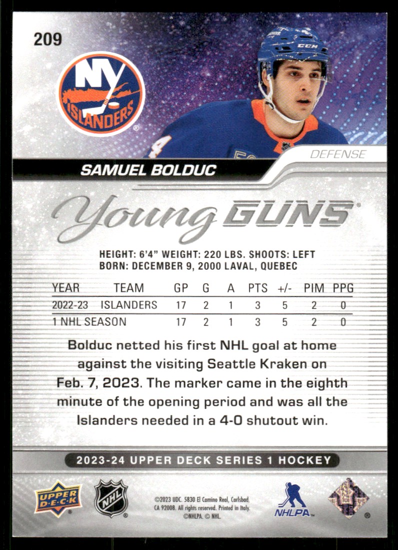 2023-24 Upper Deck YG Samuel Bolduc #209 card back image