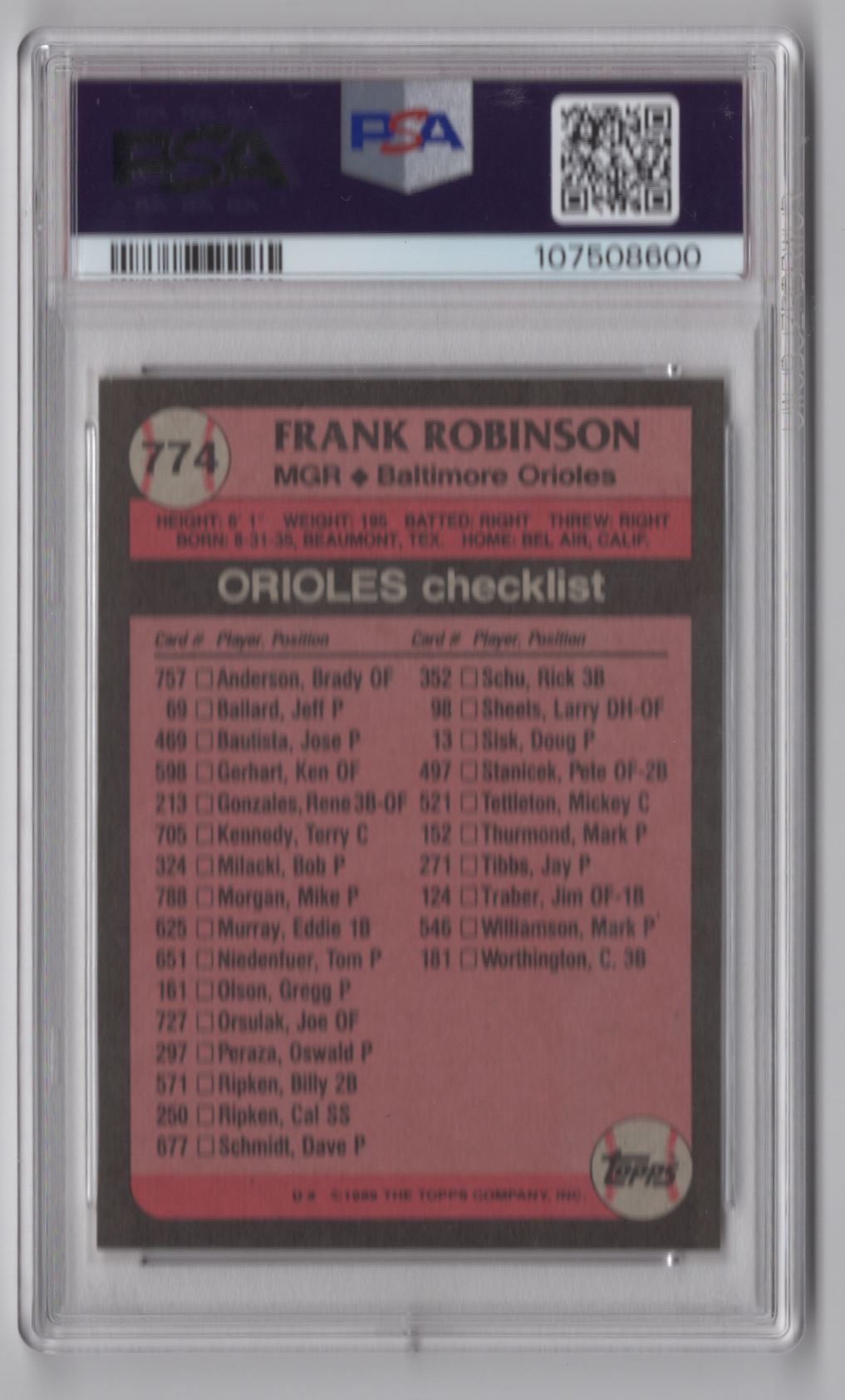 1989 Topps Frank Robinson #774 card back image
