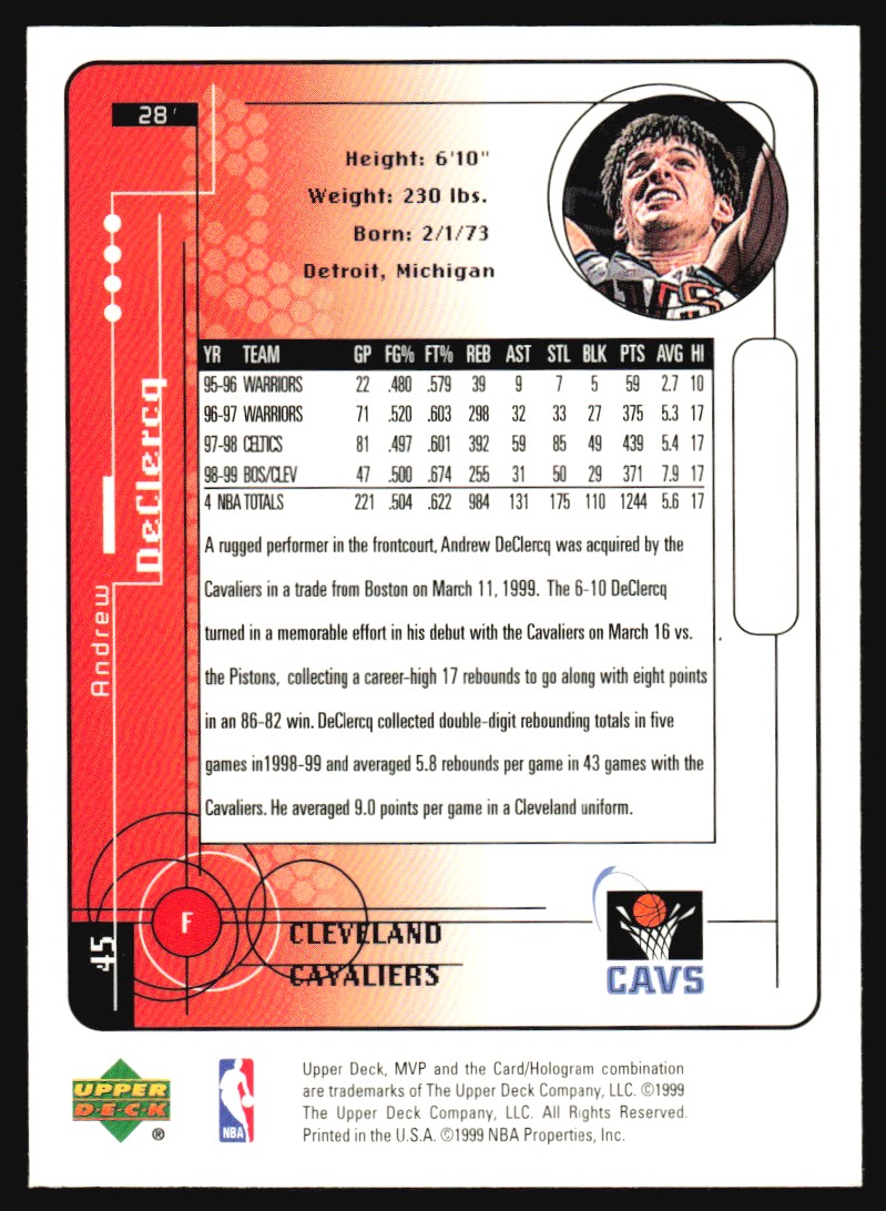 1999-00 Upper Deck MVP Andrew DeClercq #28 card back image