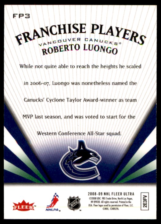 2008-09 Ultra Franchise Players Roberto Luongo #FP3 card back image