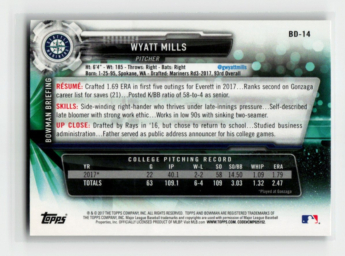 2017 Bowman Draft Wyatt Mills #BD-14 card back image