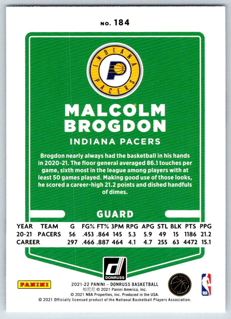 2021-22 Donruss Malcolm Brogdon #184 card back image