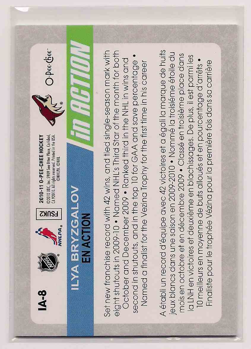 2010-11 O-Pee-Chee In Action Ilya Bryzgalov #IA-8 card back image