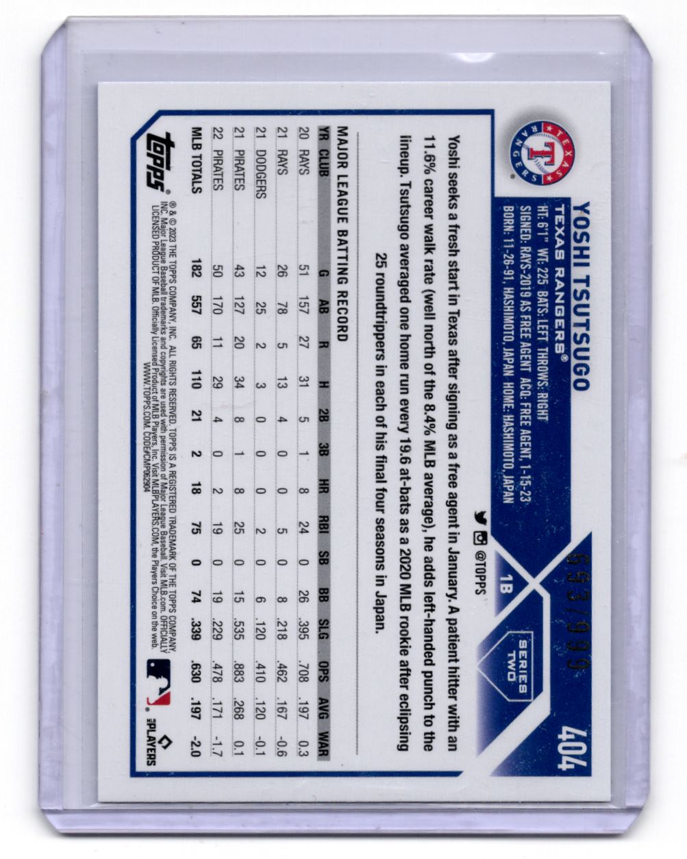 2023 Topps Yoshi Tsutsugo #404 card back image
