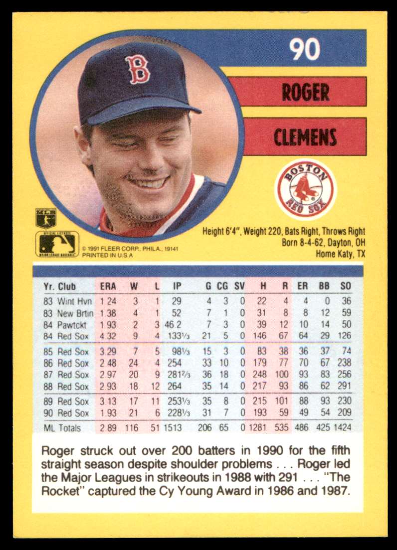1991 Fleer Roger Clemens #90 card back image