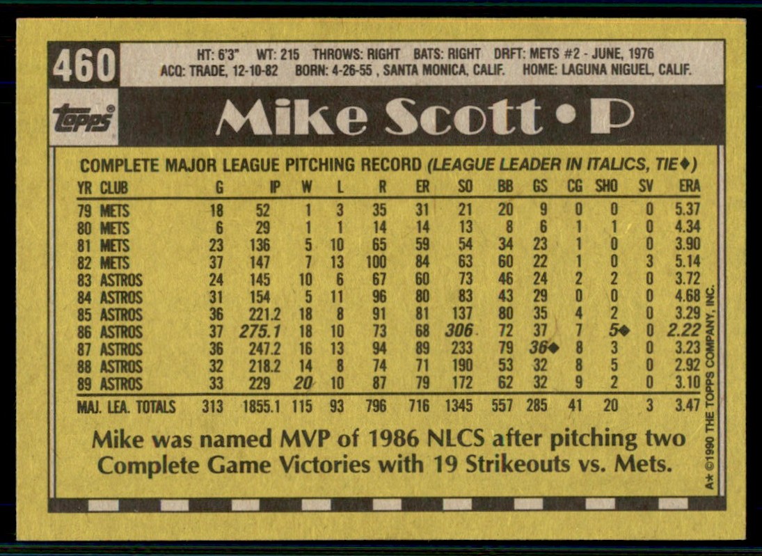 1990 Topps Mike Scott #460 card back image