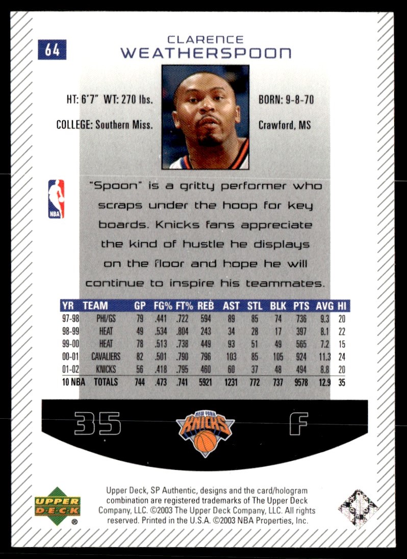 2002-03 SP Authentic Clarence Weatherspoon New York Knicks #64 | eBay