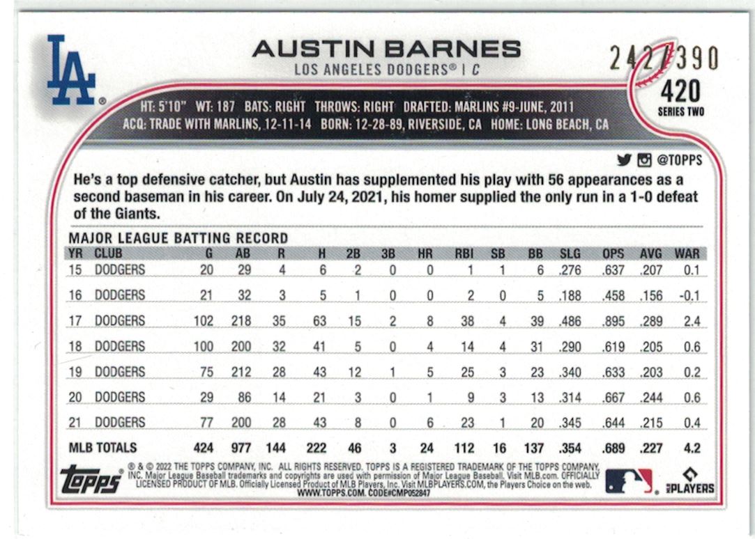 Austin Barnes 2022 Topps Series 2 Baseball Card #420 Los Angeles Dodgers