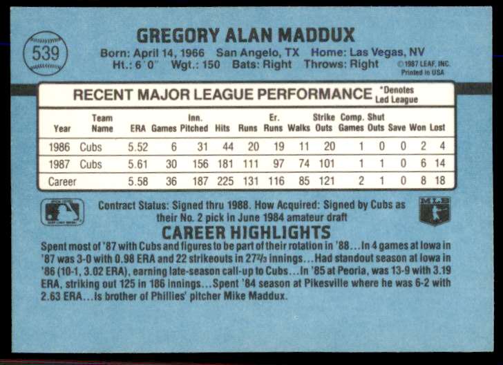 1988 Donruss Greg Maddux #539 card back image