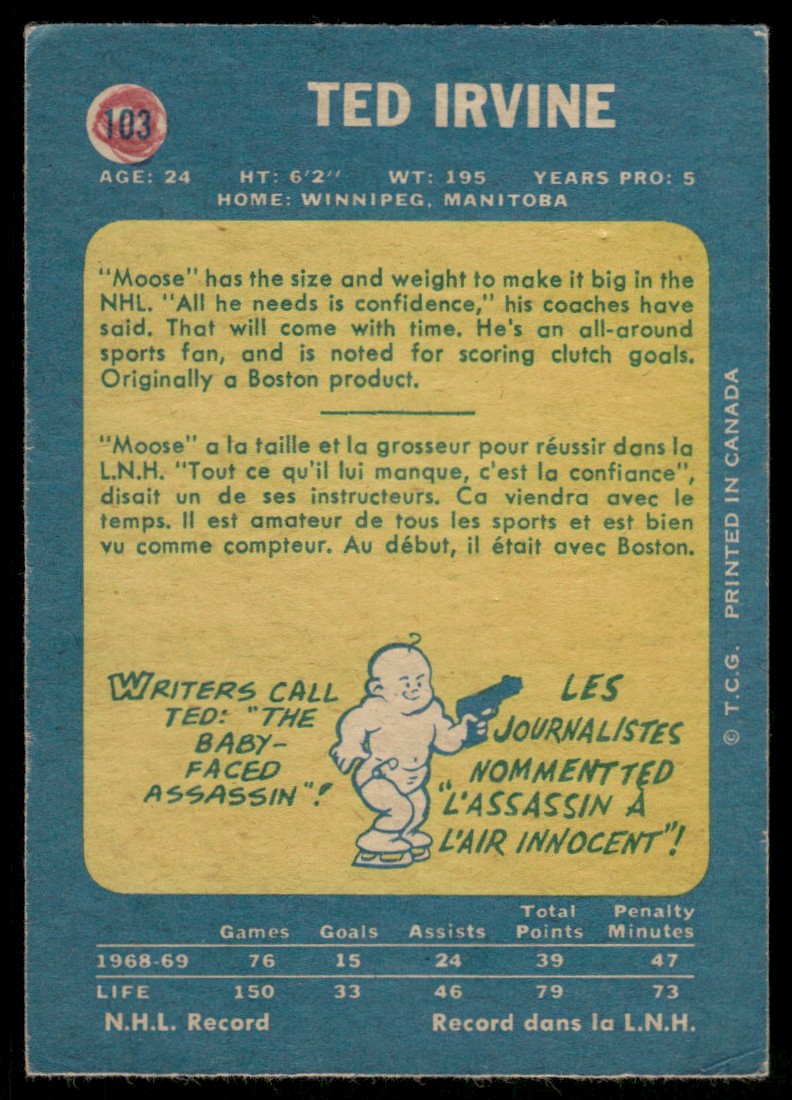 1969-70 O-Pee-Chee Hockey OPC Ted Irvine #103 card back image