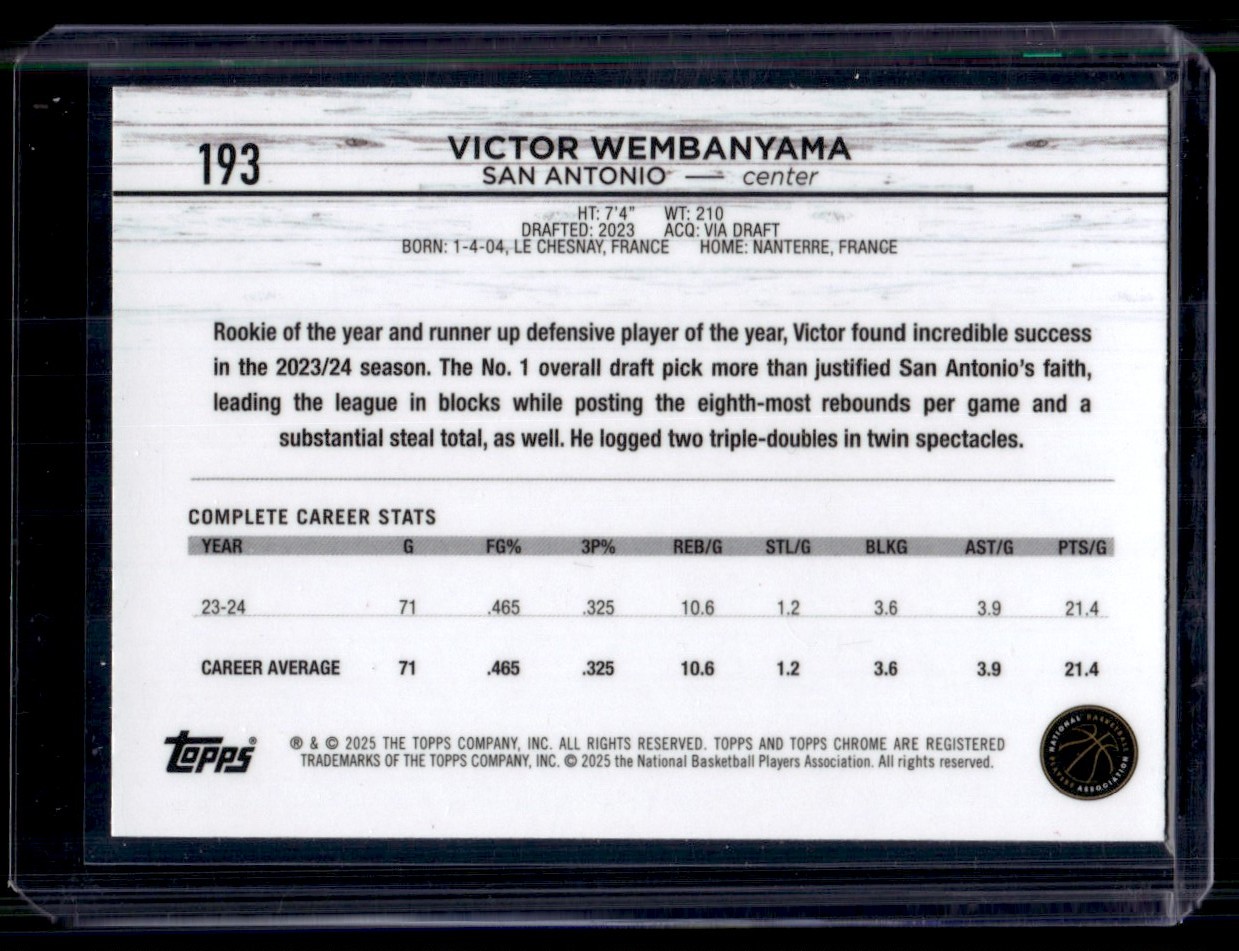 2025-26 Topps Chrome Magenta Refractor Victor Wembanyama #193 card back image