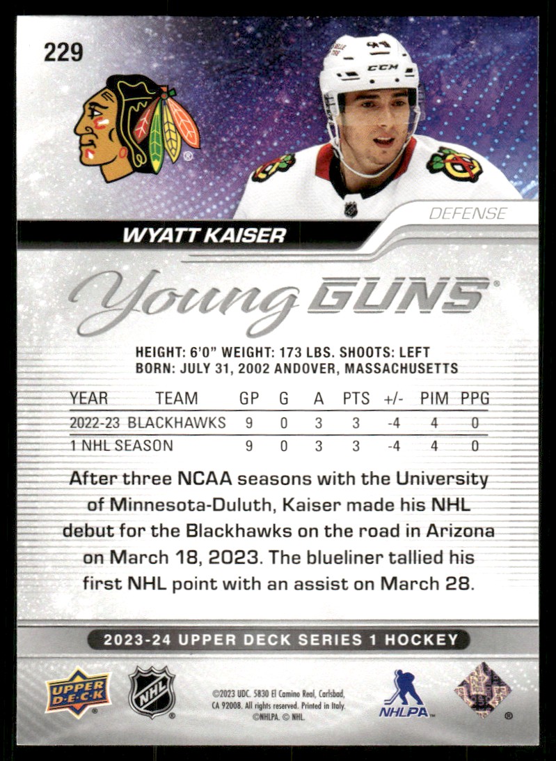 2023-24 Upper Deck YG Wyatt Kaiser #229 card back image
