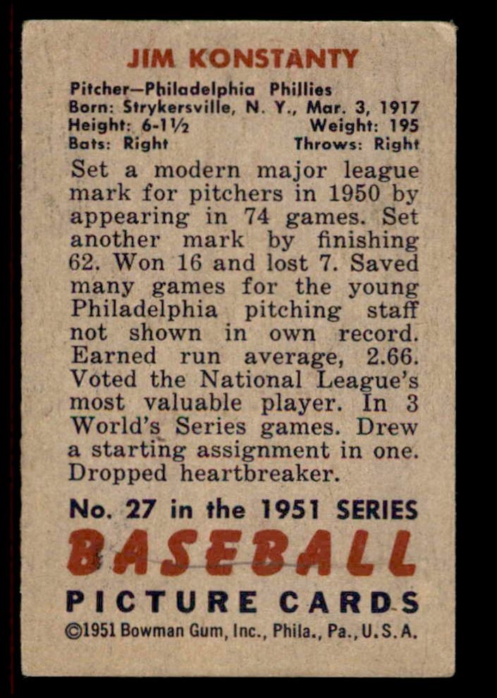 1951 Bowman Jim Konstanty #27 card back image