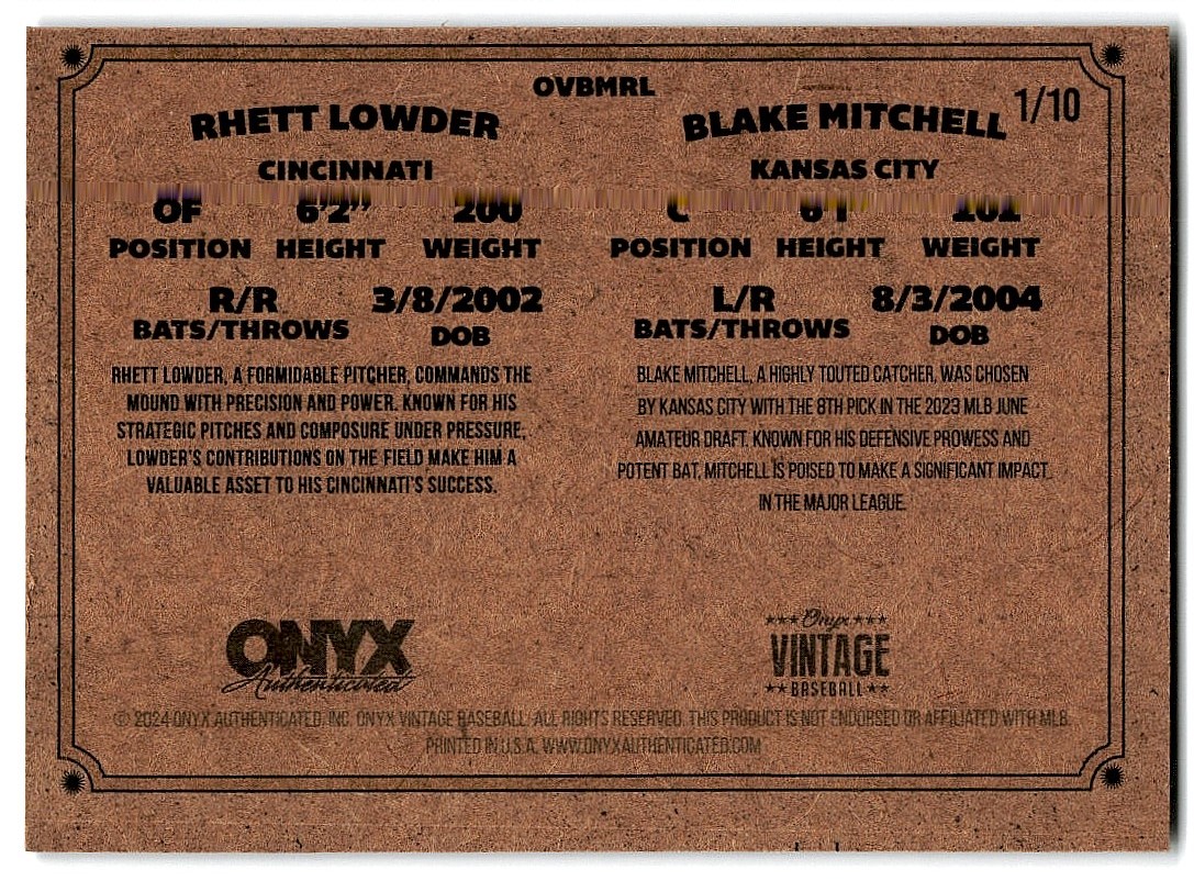2024 Onyx Vintage BLUE RHETT LOWDER/BLAKE MITCHELL #OVBMRL card back image