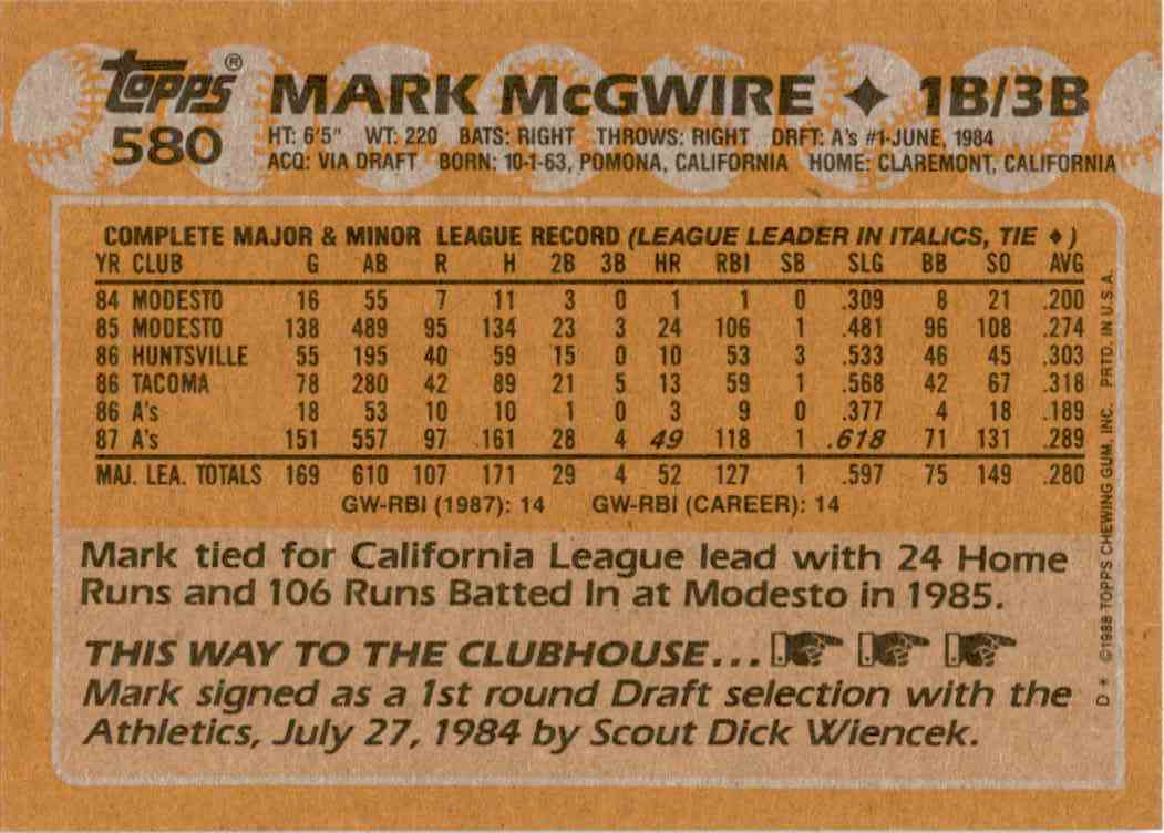 1988 Topps All Star Rookie You Tube Mark Mcgwire 580 On Kronozio