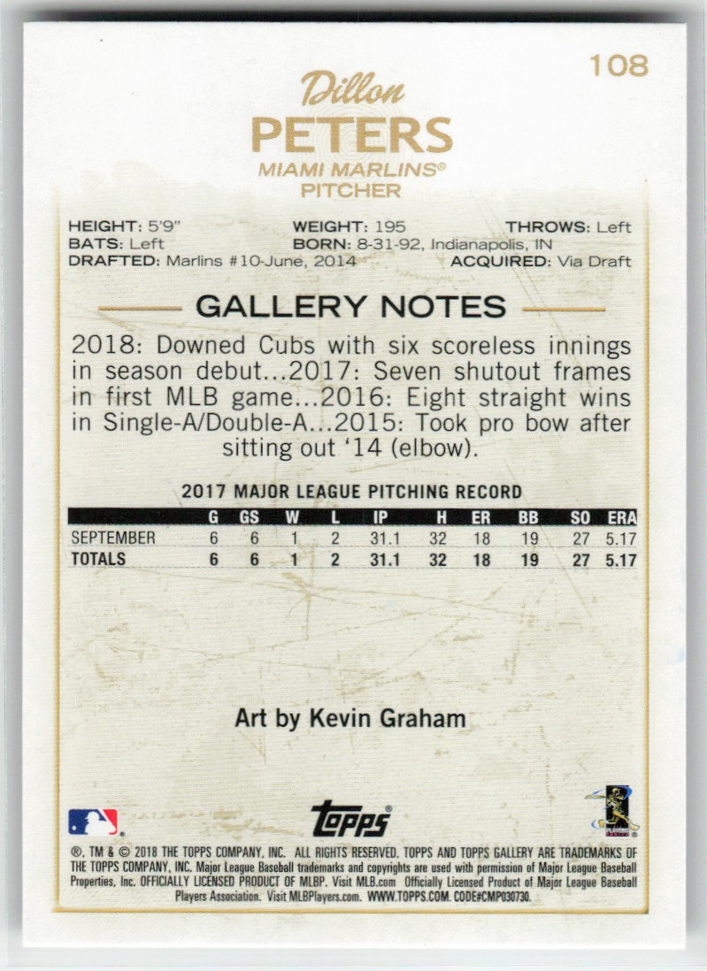 2018 Topps Gallery Dillon Peters #108 card back image