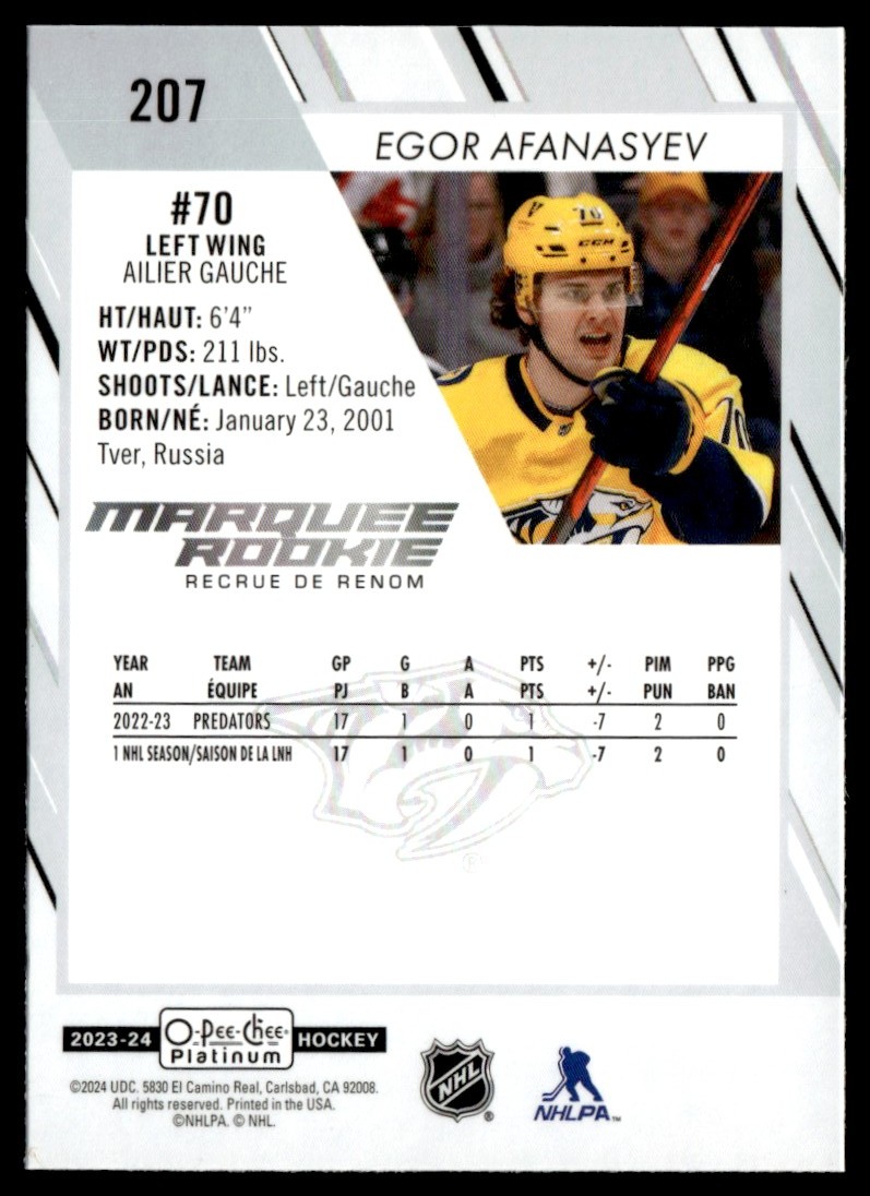 2023-24 O-Pee-Chee Platinum Marquee Rookies Egor Afanasyev #207 card back image