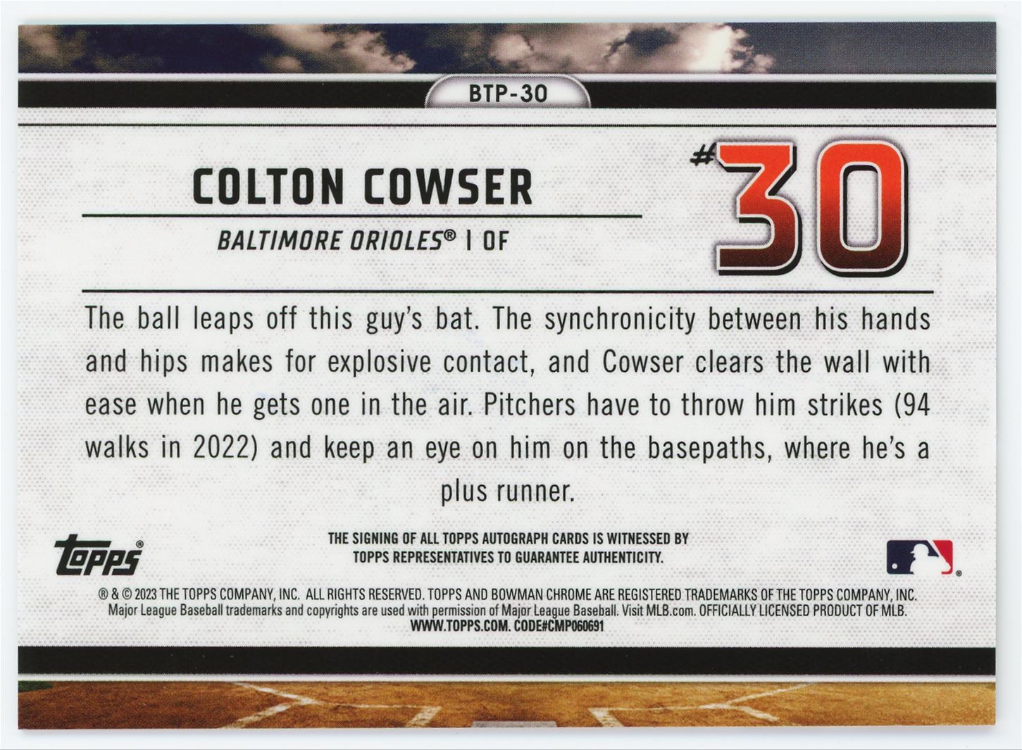 2023 Bowman Scouts Top 100 Autograph #BTP-30 Colton Cowser Auto /99