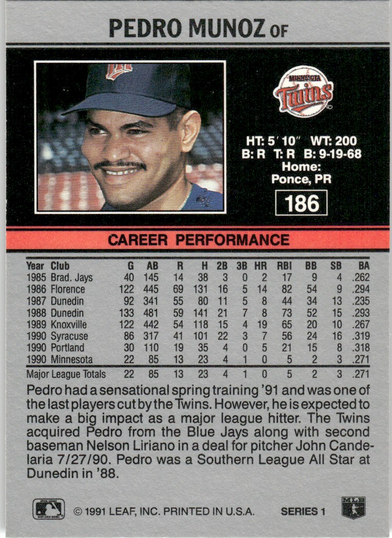 1991 Leaf Major League MLB Baseball Pedro Munoz #186 card back image