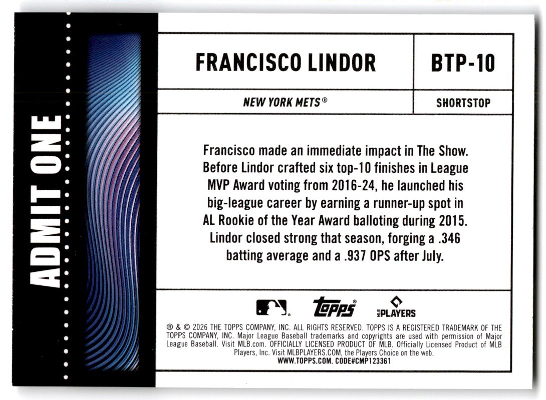 2026 Topps Series 1 Big Ticket Players Francisco Lindor New York