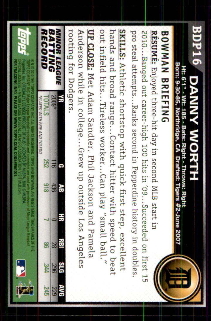 2010 Bowman Draft Danny Worth #BDP16 card back image