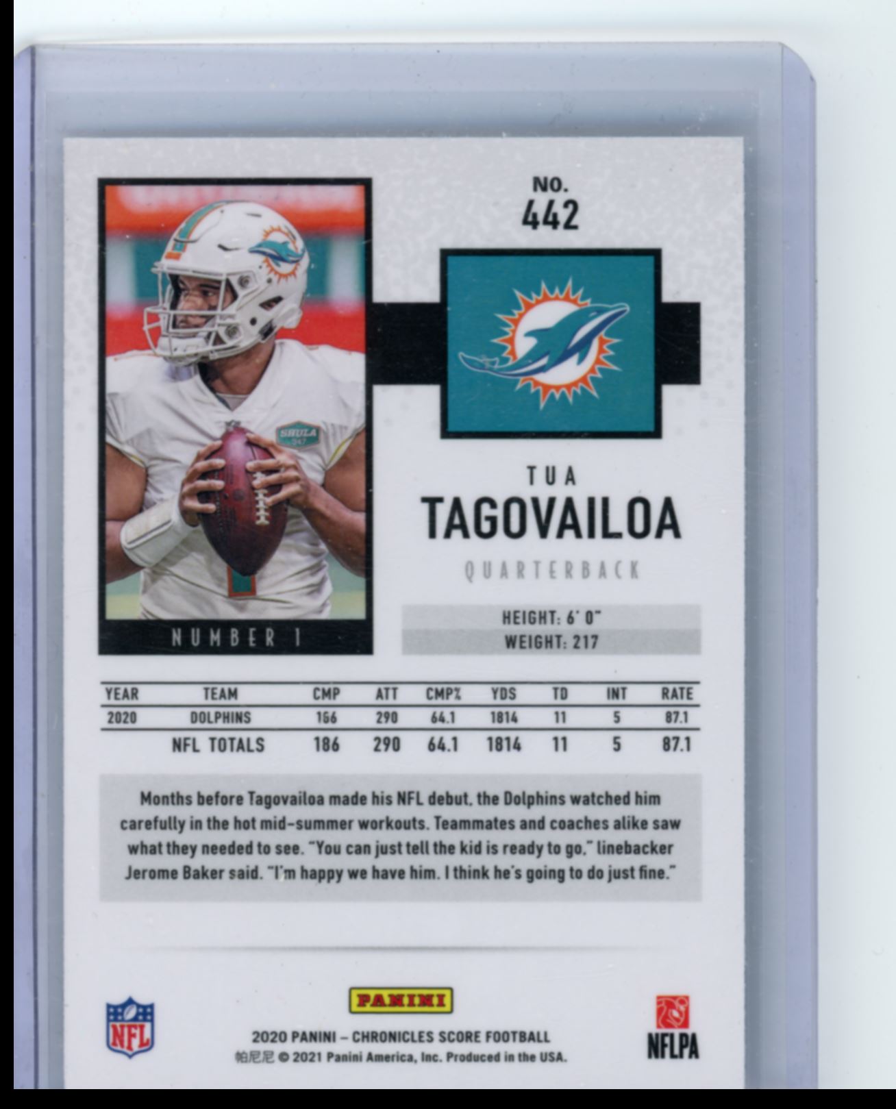 Tua Tagovailoa 2020 PANINI CHRONICLES SCORE HOLO ROOKIE RC #442 MIAMI  DOLPHINS!