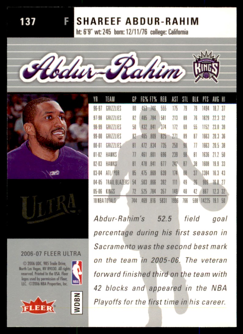 2006-07 Ultra Shareef Abdur-Rahim Sacramento Kings #137 | eBay