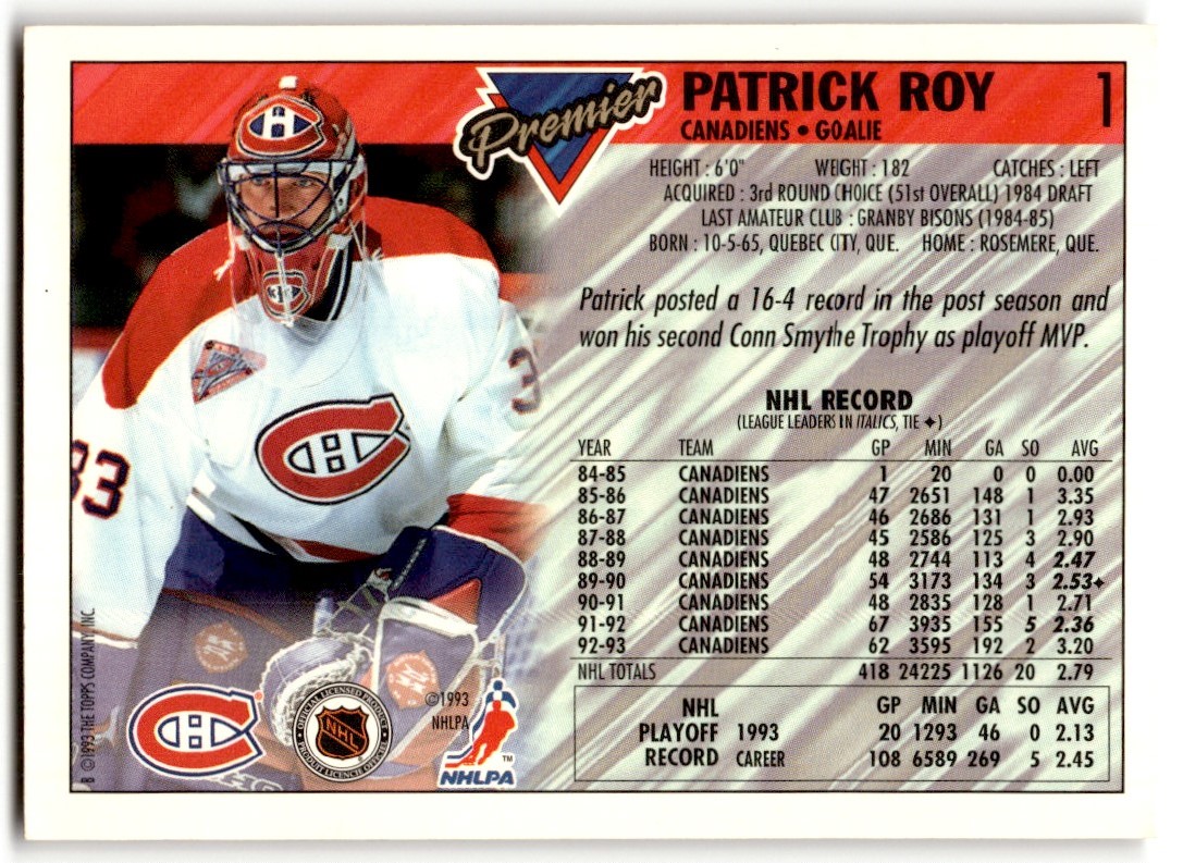 1993-94 Topps Premier Patrick Roy #1 Montreal Canadiens | eBay