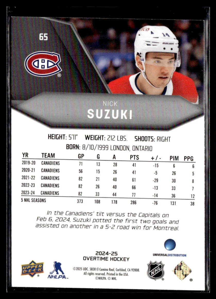 2024-25 Upper Deck overtime Nick Suzuki Montreal Canadiens #65 | eBay