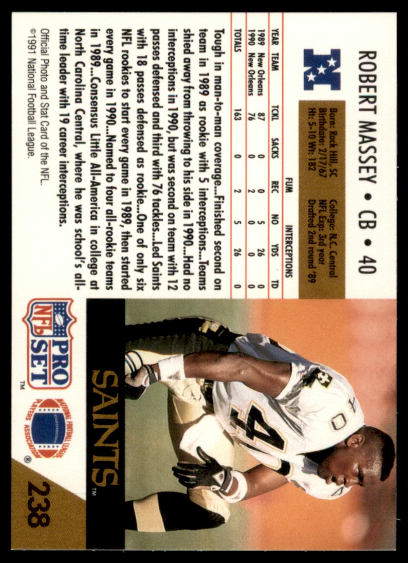 1991 Pro Set Robert Massey #238 card back image