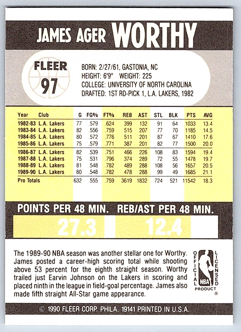 1990-91 Fleer James Worthy #97 card back image
