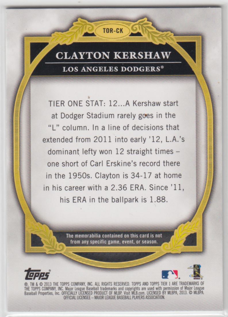 2013 Topps Tier One Relics Clayton Kershaw #TOR-CK card back image