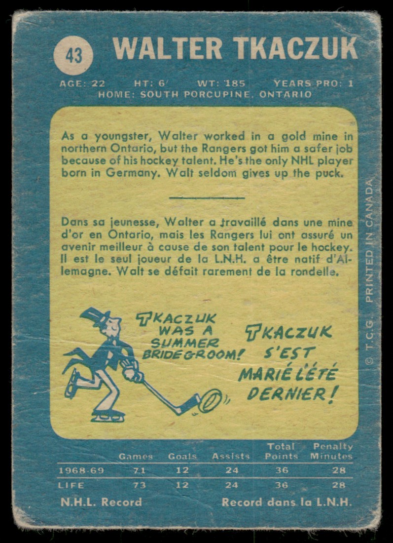 1968-69 O-Pee-Chee Hockey OPC Walter Tkaczuk #43 card back image