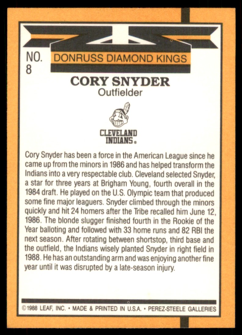 1989 Donruss Super Diamond Kings Cory Snyder #8 card back image