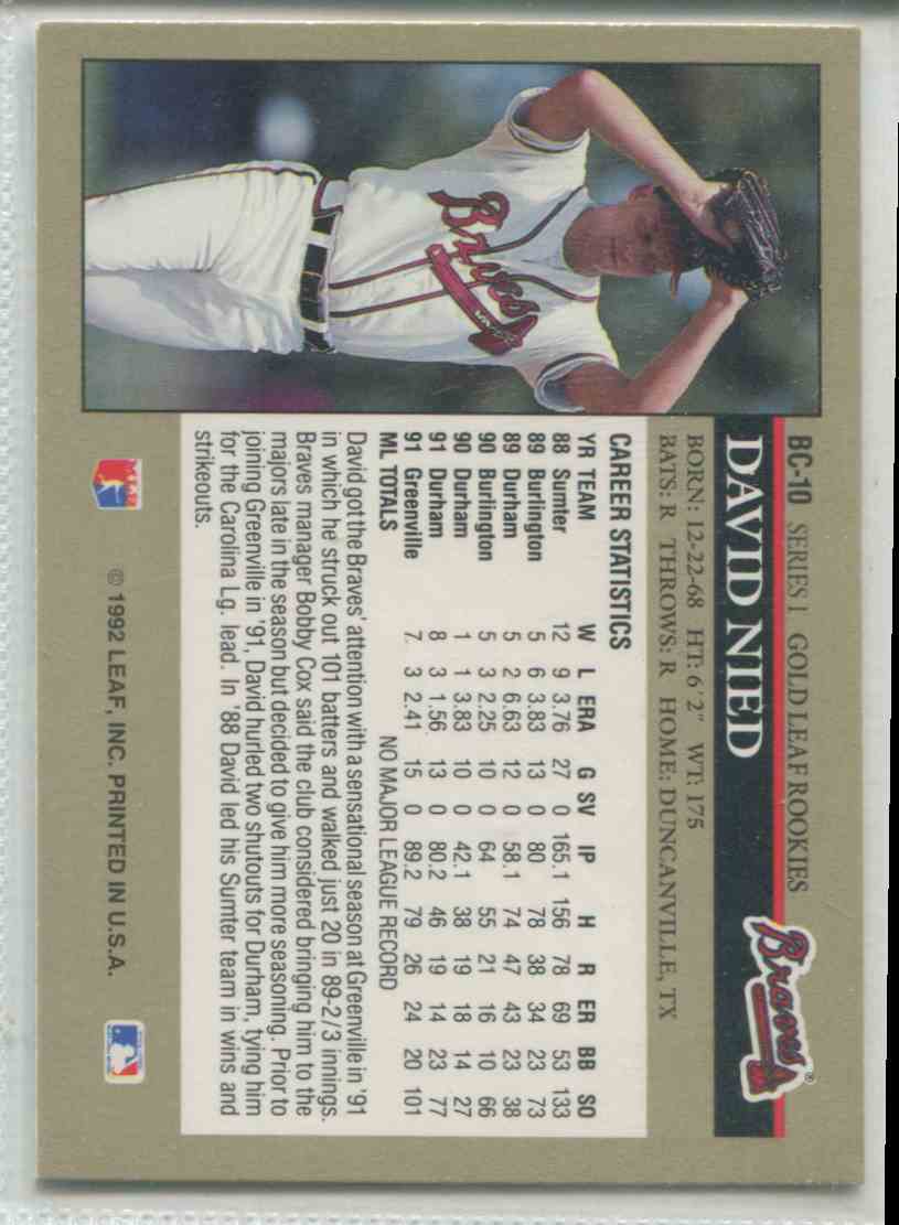 1992 Leaf Gold Rookies David Nied #BC10 card back image