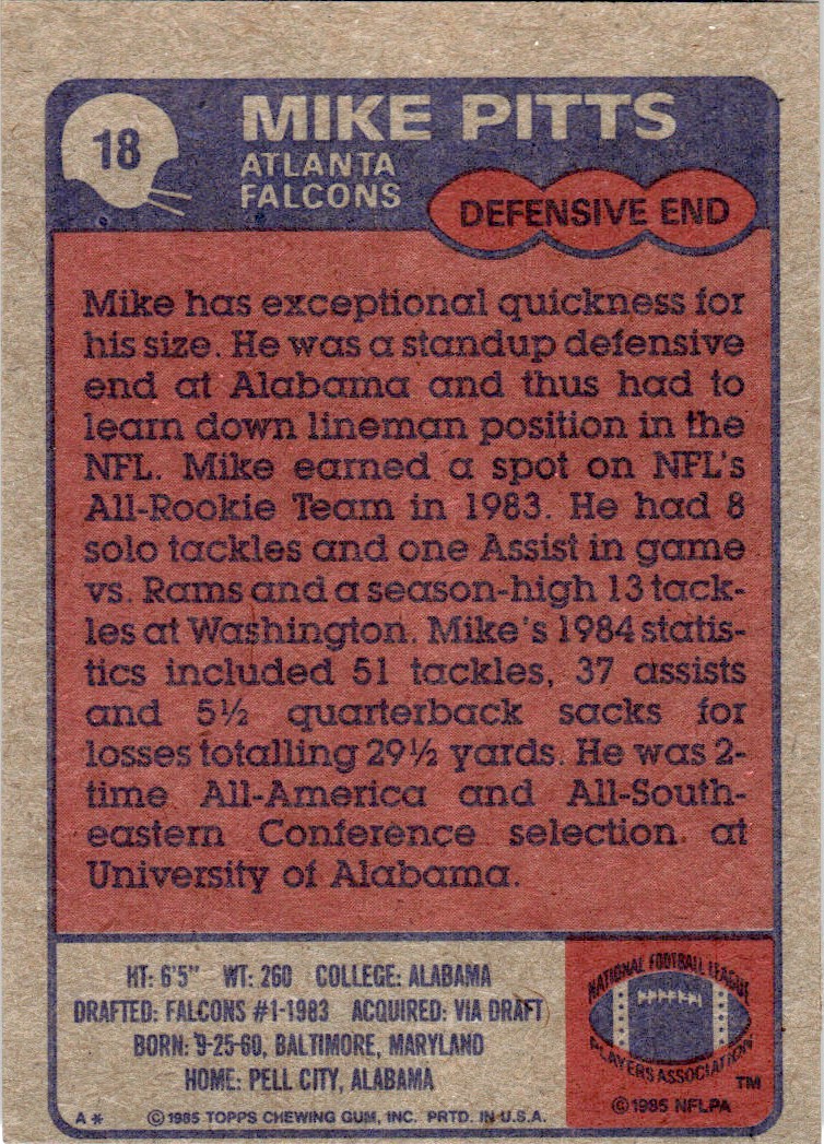 1985 Topps Mike Pitts D #18 card back image