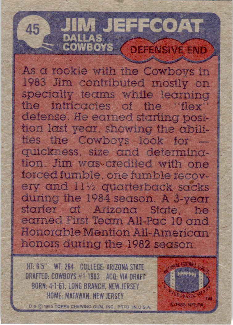 1985 Topps Jim Jeffcoat D #45 card back image