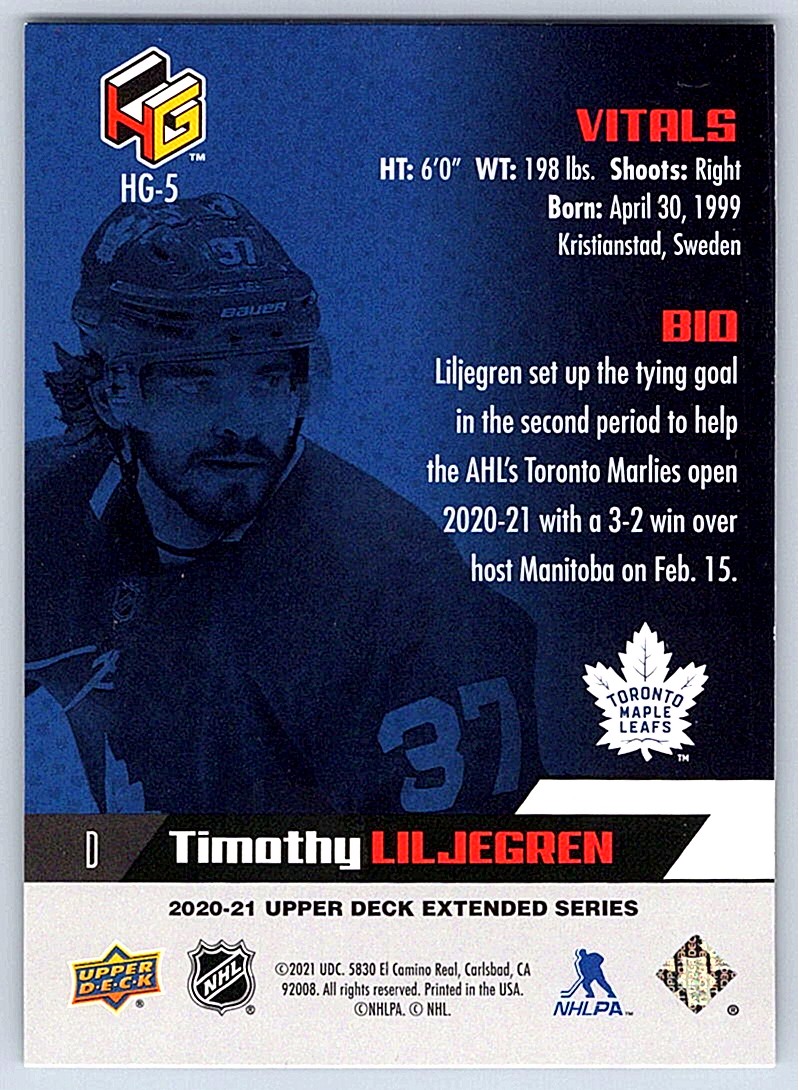 2020-21 Upper Deck HoloGrFx Rookies Timothy Liljegren #HG-5 card back image