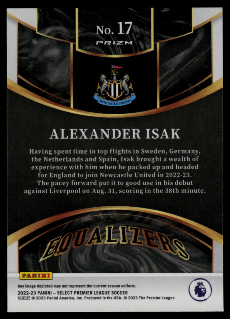 2022 Panini Select Premier League Equalizers Prizm Alexander Isak #17 card back image