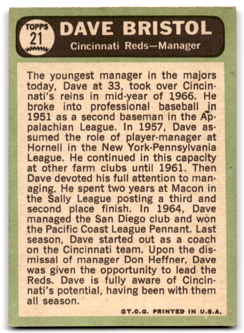 1967 Topps Dave Bristol #21 card back image