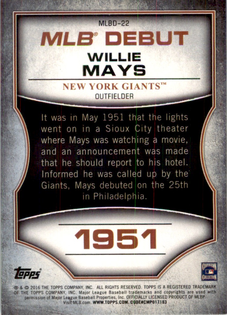 2016 Topps MLB Debut Bronze Willie Mays #MLBD-22 card back image