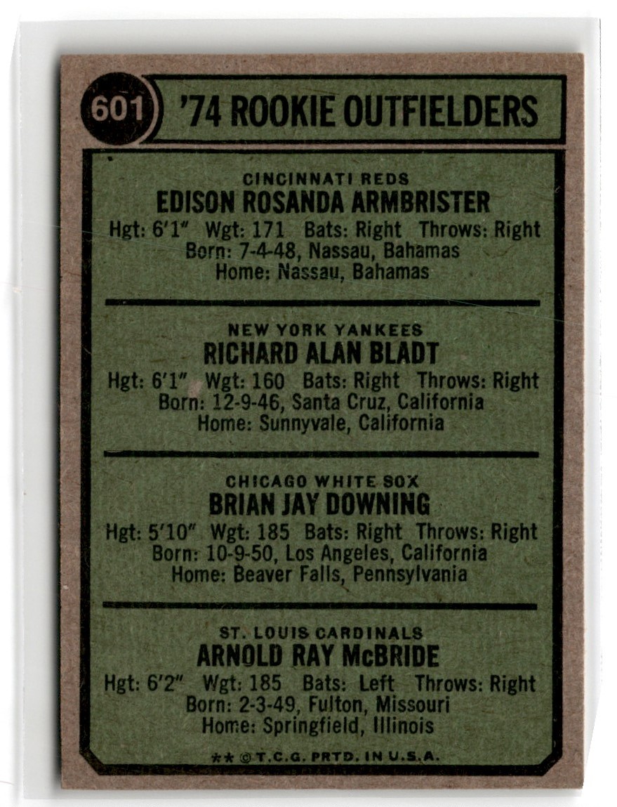 1974 Topps Rookie Outfielders - Ed Armbrister/Rich Bladt/Brian Downing/Bake McBride #601 card back image