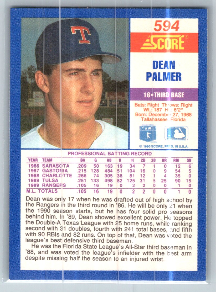 1990 Score Dean Palmer #594 card back image