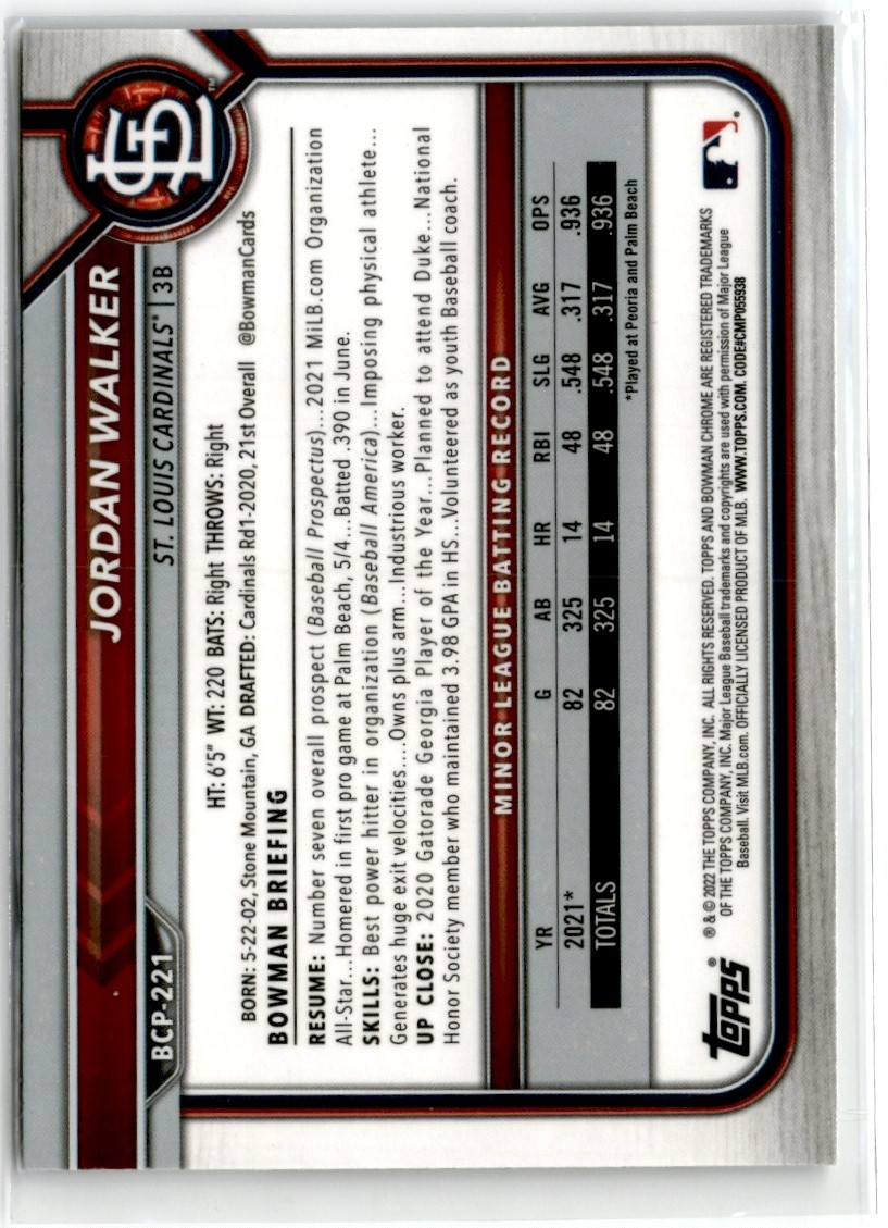 2022 Bowman Chrome Mega Box Mojo Jordan Walker #BCP221 card back image