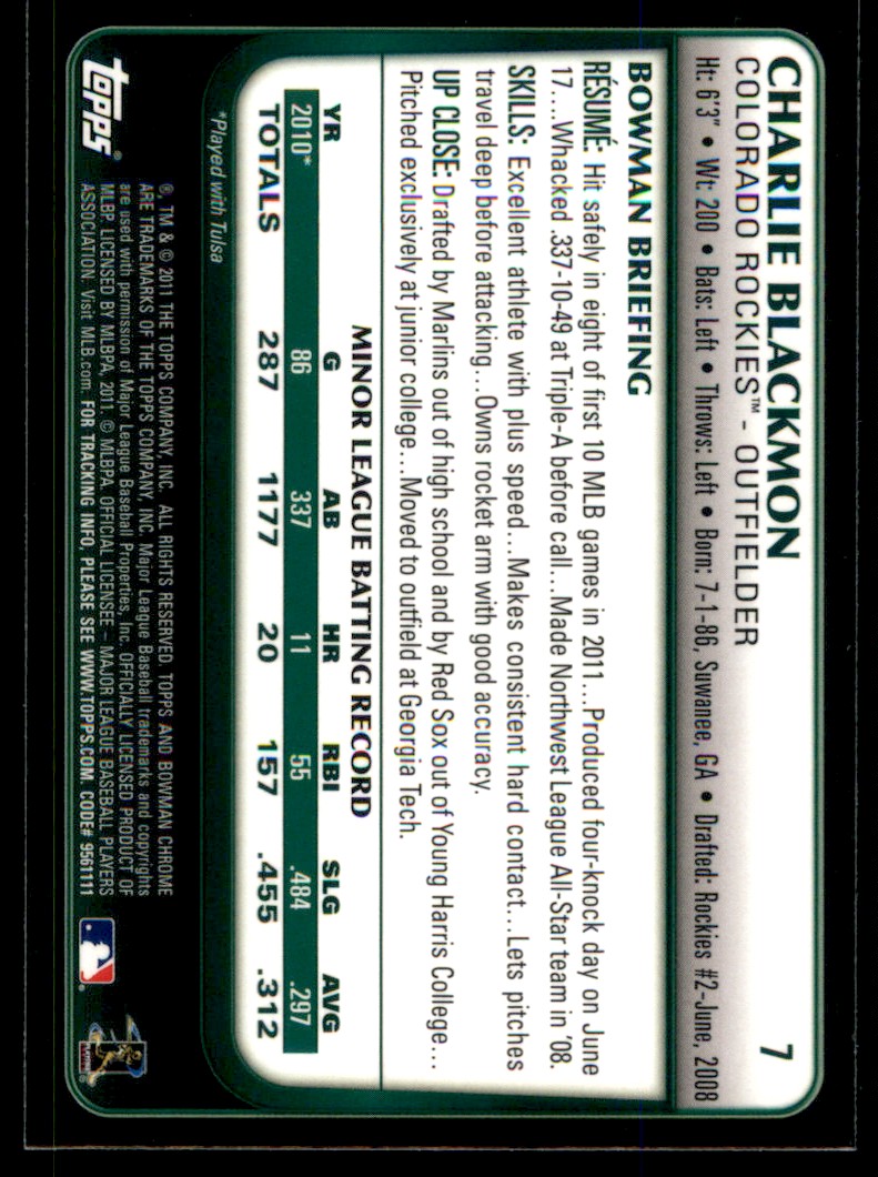 2011 Bowman Chrome Draft Charlie Blackmon #7 card back image