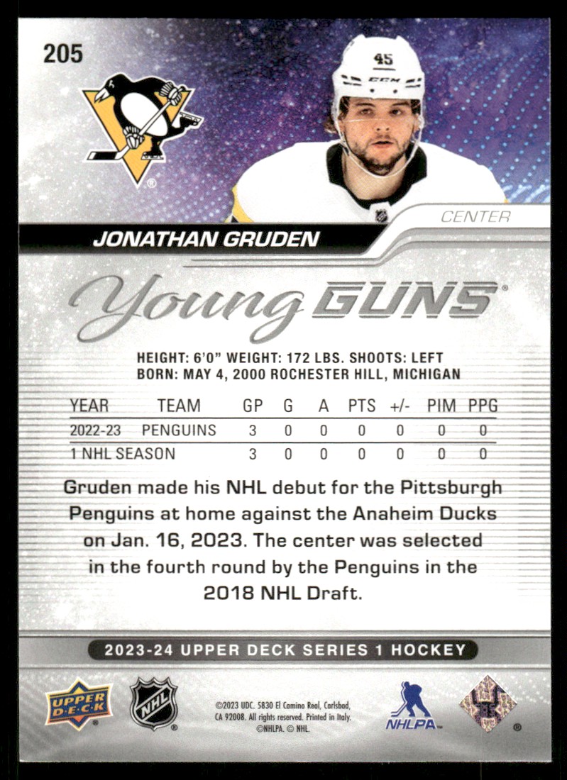 2023-24 Upper Deck YG Jonathan Gruden #205 card back image