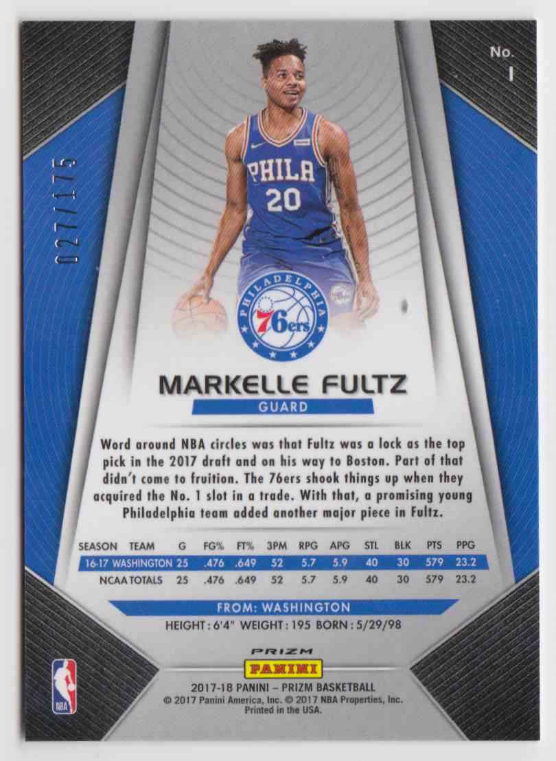 2017-18 Panini Prizm Fast Break Blue Markelle Fultz #1 card back image